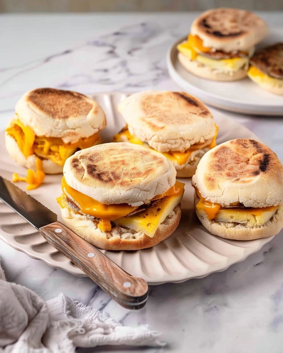 Four English muffins, each split into two toasted beige halves with golden-brown spots, hold breakfast sandwiches made of one folded yellow egg layer, one light brown sausage patty, and a slice of melted orange cheddar cheese dripping slightly at the edges; these sandwiches sit on a white sectioned plate with a wooden-handled serrated knife placed beside them, all on a white marbled surface with a white cloth near the plate and an additional sandwich in the background on a white plate. photo taken with an iphone --ar 4:5 --v 7