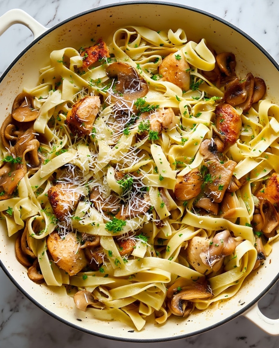 A close-up of a large white cooking pot filled with wide, creamy-yellow fettuccine pasta mixed with brown sautéed mushroom slices and small pieces of browned chicken breast. The dish is sprinkled with finely grated white cheese and chopped green parsley, adding texture and pops of color. The pot has handles visible on both sides, and the food is evenly layered with the pasta ribbons waving softly around the mushrooms and chicken, all resting on a white marbled surface. Photo taken with an iphone --ar 4:5 --v 7