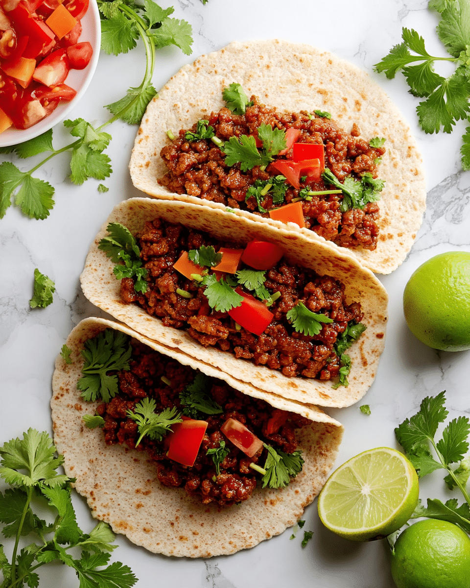 Three open soft wheat tortillas lie side by side on a white marbled surface. Each tortilla holds a layer of cooked minced meat in the center, rich brown with a slightly glossy texture. On top of the meat, there are small pieces of bright red diced tomatoes scattered, and fresh green cilantro leaves resting around and over the filling. Around the tortillas on the surface are fresh whole and cut green limes, along with some loose cilantro sprigs. A white plate with more diced tomatoes sits in the top left corner. The overall look is fresh and inviting. photo taken with an iphone --ar 4:5 --v 7