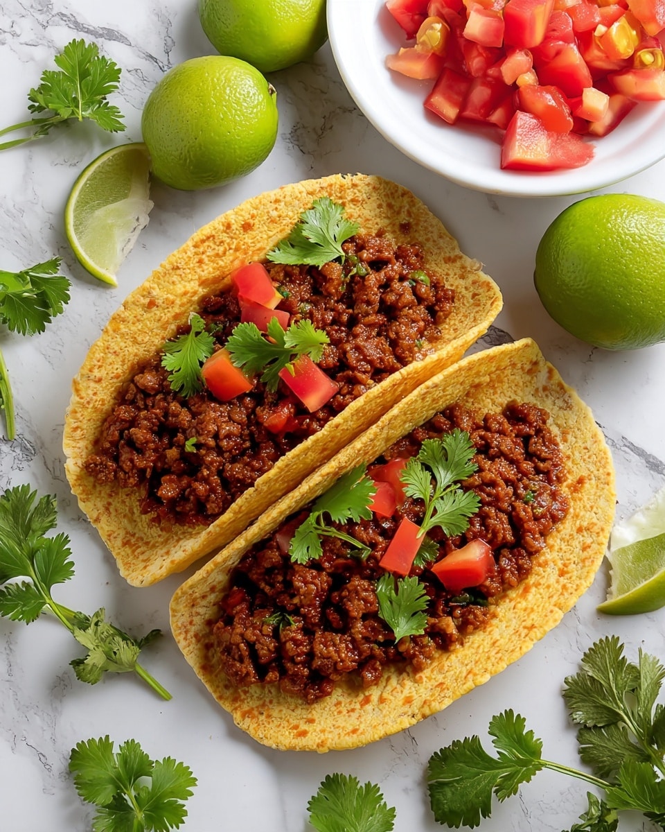 Three soft wheat tortillas folded in half are filled with a dark brown, finely ground meat mixed with a rich reddish sauce, topped with small, bright red tomato cubes and fresh green cilantro leaves. The tacos are placed on a white marbled surface with whole and quartered green limes scattered around and some green cilantro sprigs nearby. In the top left corner, there is a white plate holding diced tomatoes and a few slices of white onion. The scene has a clean and fresh look with vibrant colors. photo taken with an iphone --ar 4:5 --v 7