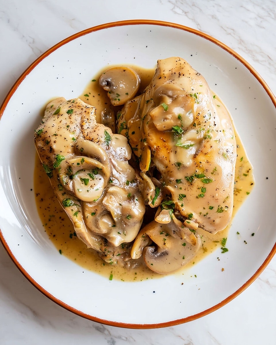 On a white plate with an orange rim, there are two thick pieces of cooked chicken breast covered with a creamy, light brown mushroom sauce. The sauce has sliced mushrooms spread over and around the chicken, with finely chopped green herbs sprinkled on top and a bit of black pepper visible. The chicken looks tender with a slight golden brown sear, and the sauce has a smooth, slightly glossy texture. The plate is set on a white marbled surface. photo taken with an iphone --ar 4:5 --v 7