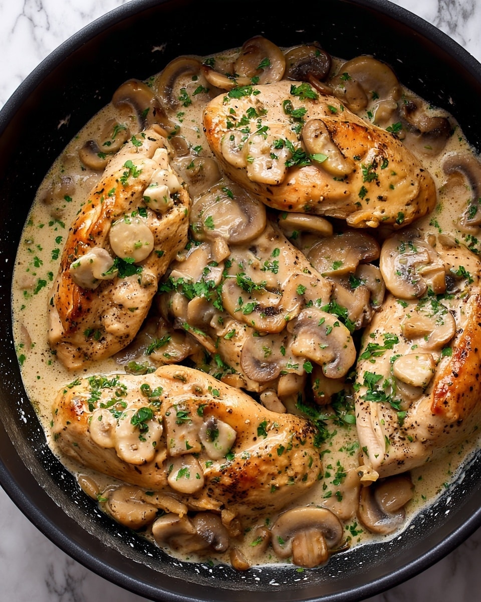 The image shows a close-up view of four light brown chicken breasts cooked in a creamy sauce with sliced mushrooms spread evenly around and on top of the chicken. The sauce is rich and creamy with a pale beige color, speckled with black pepper and small green herb pieces. The chicken pieces have a soft, moist texture with some browned spots, and the mushrooms are tender with light and dark beige tones. Fresh green chopped herbs are sprinkled on top, adding a fresh touch. All of this appears inside a black pan, against a white marbled textured surface. photo taken with an iphone --ar 4:5 --v 7