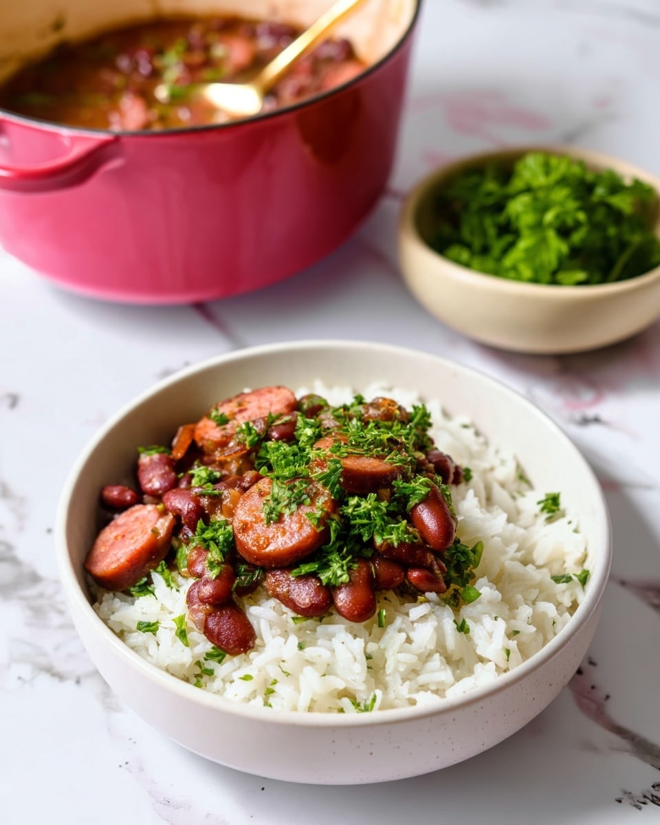 A white bowl filled halfway with white fluffy rice and topped with a dark reddish-brown bean stew with slices of sausage and small green parsley pieces sprinkled on top. Behind the bowl, there is a pink cooking pot with a light cream inside, filled with the same bean stew, and a gold spoon stirring it. To the right, a small white bowl full of chopped fresh green parsley sits on a white marbled surface. photo taken with an iphone --ar 4:5 --v 7