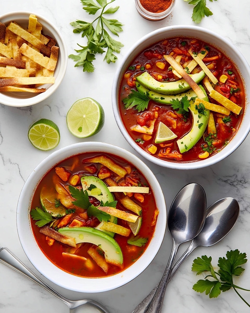 Two white bowls filled with a reddish-brown tomato-based soup, each bowl topped with green avocado slices, light yellow crispy tortilla strips, bright green parsley leaves, and small lime wedges. The soup contains visible chunks of corn and tomato. Surrounding the bowls on a white marbled surface are additional tortilla strips in a small white bowl, a halved lime, parsley sprigs, a silver spoon, and a small jar with red seasoning powder. photo taken with an iphone --ar 4:5 --v 7