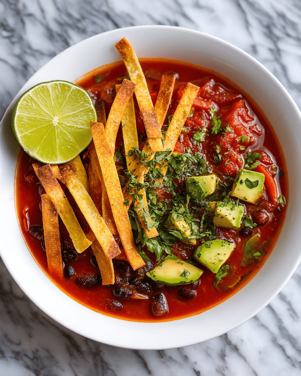 A white bowl holds a rich, red tomato-based soup with visible black beans and chunks of roasted vegetables beneath the surface. On top, there are several crisp, golden brown fried tortilla strips arranged in a loose pile, next to small bright green avocado chunks scattered over the soup. Fresh green herbs are sprinkled over the avocado and soup, adding a touch of vibrant color. A fresh lime half, green and juicy, rests on the edge of the bowl. The bowl is placed on a white marbled surface. photo taken with an iphone --ar 4:5 --v 7