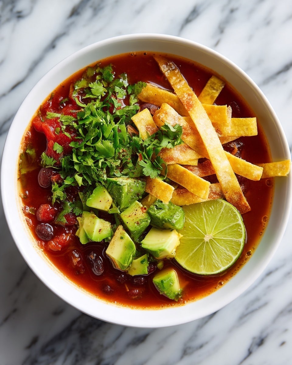 A white bowl sits on a white marbled surface, filled with a deep red chili soup base that has visible black beans and tomato chunks. On top, there are several layers: bright green chunks of avocado scattered over the surface, finely chopped fresh cilantro sprinkled generously, and a cluster of golden yellow crispy tortilla strips resting on one side. A fresh lime half sits next to the tortilla strips inside the bowl, showing its juicy, light green interior. The soup has a rich, slightly oily texture with small bubbles around the edges. photo taken with an iphone --ar 4:5 --v 7