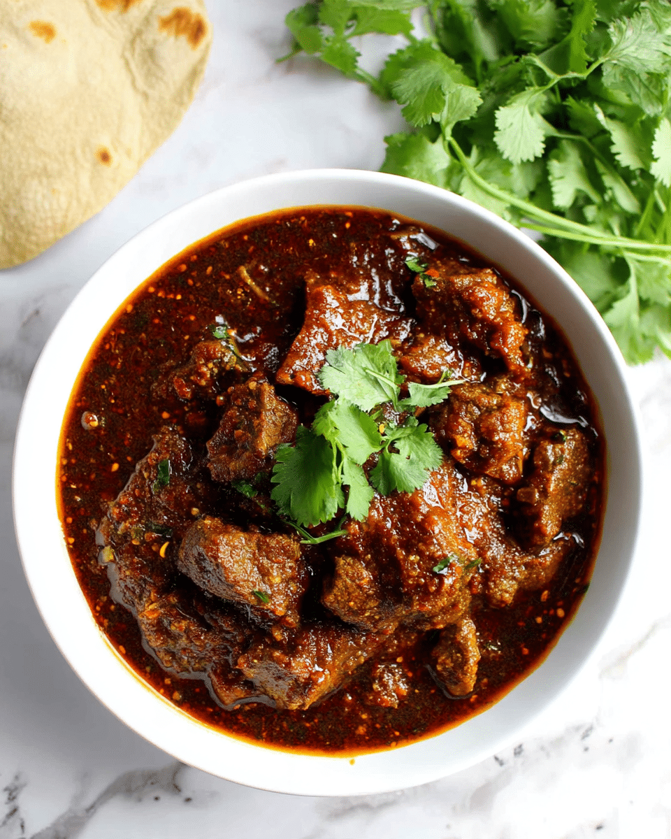 A white bowl filled with a thick, dark brown stew with chunks of meat coated in a rich, glossy sauce. The stew has a textured surface with visible pieces of spices and softened vegetables mixed in. On top of the stew, there is a small garnish of fresh green cilantro leaves, adding a pop of color. The bowl is set on a white marbled surface with a piece of light beige flatbread partially visible to the left and a bunch of fresh cilantro in the upper right corner. photo taken with an iphone --ar 4:5 --v 7