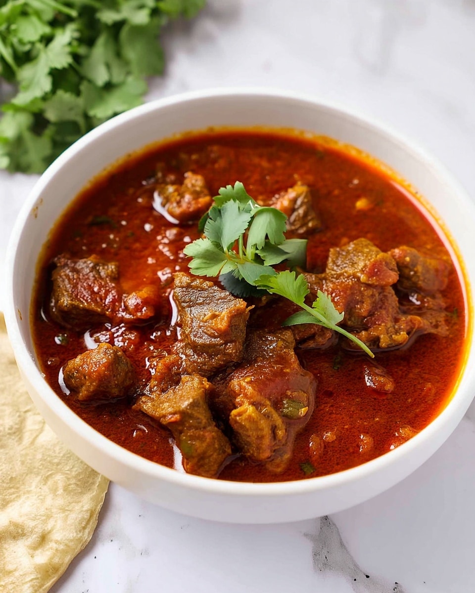 A white bowl filled with a rich brown stew with chunks of meat and small bits of vegetables simmered in a thick reddish-brown sauce, topped with a few fresh green cilantro leaves in the center. The bowl sits on a white marbled surface, with part of a white flatbread visible on the left side and some green cilantro leaves blurred in the background on the upper left. Photo taken with an iphone --ar 4:5 --v 7