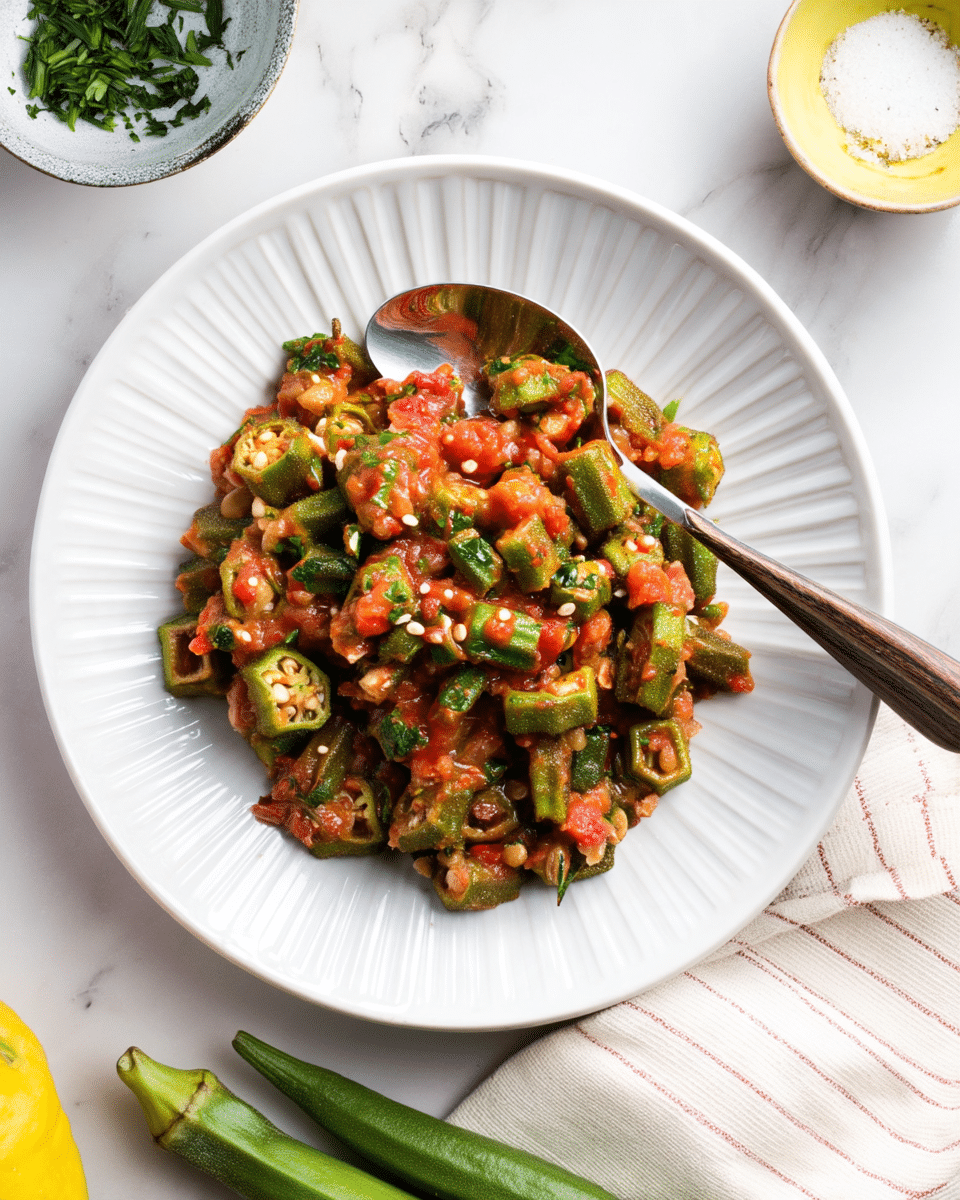 A white plate with ridged edges holds one layer of cooked okra pieces mixed with a red tomato sauce, dotted with white seeds and small green herb bits, creating a textured and colorful mix primarily in green and red shades; a spoon with a dark wooden handle rests on the right edge of the plate, partially on the okra. The plate is placed on a white marbled surface, surrounded by another white bowl partially shown, containing chopped green herbs, a smaller white bowl with salt, a yellow squash at the bottom left, and two fresh okra pods on the right next to a white cloth with thin red stripes. photo taken with an iphone --ar 4:5 --v 7