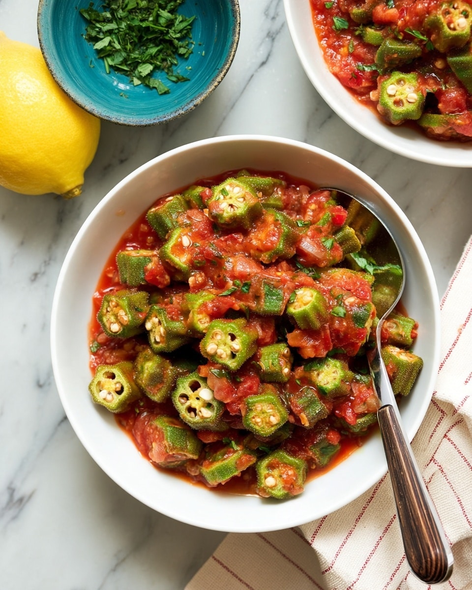 A white bowl filled with cooked okra slices mixed with a chunky red tomato-based sauce with visible pieces of onion and green herbs, giving a fresh, vibrant look. The okra rounds are bright green with pale seeds showing inside, layered evenly throughout the chunky red sauce. A silver spoon with a dark wooden handle rests on the top right edge of the bowl. The bowl sits on a white marbled surface with part of a blue-green bowl containing chopped herbs visible in the upper left corner and a yellow lemon with a linen cloth with red stripes at the bottom. Another white bowl with the same okra dish is partly visible at the top right. Photo taken with an iphone --ar 4:5 --v 7
