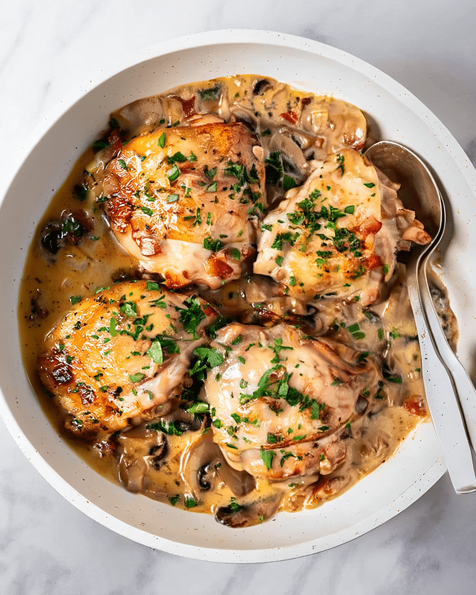 A white shallow bowl holds four pieces of cooked chicken thighs with golden brown skin on top, each sprinkled with fresh green chopped parsley. The chicken sits in a creamy light brown mushroom sauce with visible mushroom slices and small bits of bacon mixed thoroughly around and beneath the chicken. Two silver spoons rest on the right edge of the bowl against the creamy sauce. The bowl is placed on a white marbled texture surface. photo taken with an iphone --ar 4:5 --v 7