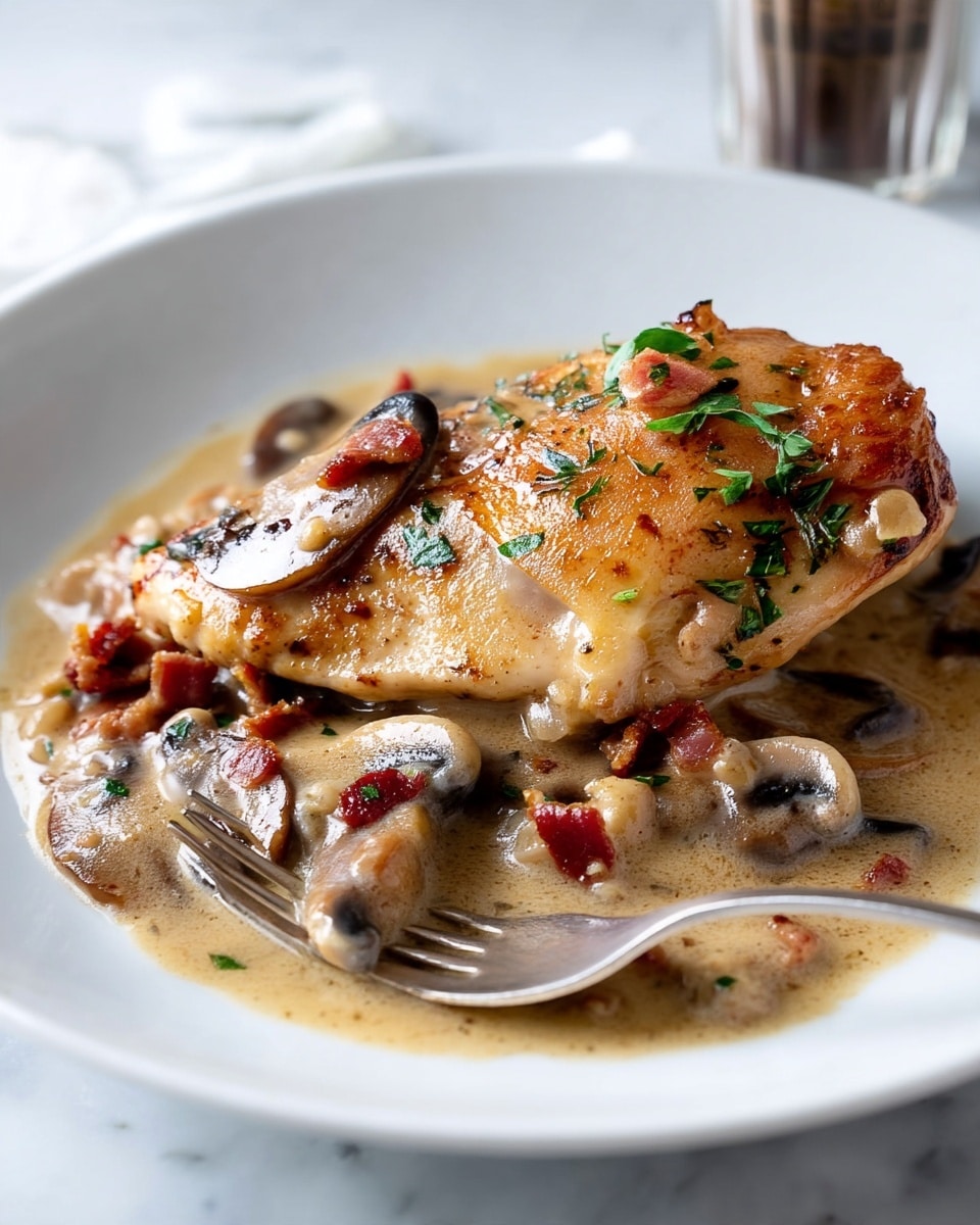 A white plate holds a piece of cooked chicken with golden-brown skin topped with small green herb pieces. The chicken rests on a creamy sauce filled with sliced, dark-brown mushrooms and small bits of bacon that add texture and color. The creamy sauce is light brown with a smooth, shiny texture that spreads across the plate. A silver fork is placed at the bottom right edge of the plate, partly touching the sauce. The background shows a soft white marbled texture with blurred objects in soft focus. Photo taken with an iphone --ar 4:5 --v 7
