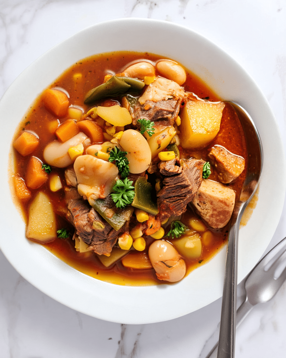 A white bowl filled with a thick stew showing several layers of ingredients: chunks of brown cooked beef, beige chicken pieces, large white beans, bright yellow corn kernels, small orange carrot cubes, green pepper slices, and light yellow potato pieces, all immersed in a rich reddish-brown broth. Small green parsley leaves are scattered on top, adding a fresh contrast, and the bowl sits on a white marbled surface with a silver fork placed on the right side. photo taken with an iphone --ar 4:5 --v 7