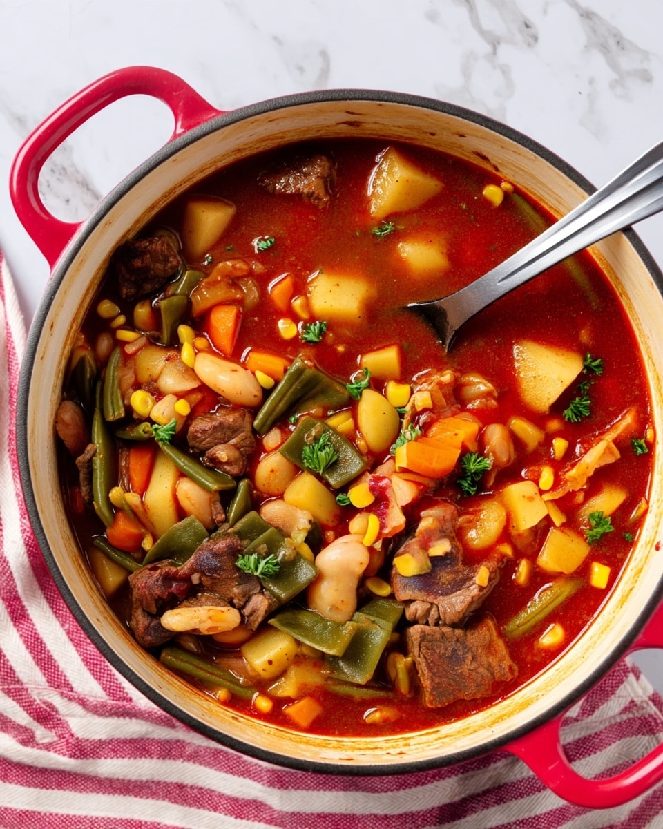 A large red pot filled with a thick stew showing distinct layers of chunky brown meat pieces, yellow potato cubes, orange carrot slices, green beans cut into pieces, yellow corn kernels, and white beans all mixed in a rich brownish-red broth. The stew looks hearty with some small green parsley leaves sprinkled on top. A silver spoon is inside the pot, resting on the right side. The pot is placed on a white marbled texture with a red and white striped cloth nearby. photo taken with an iphone --ar 4:5 --v 7