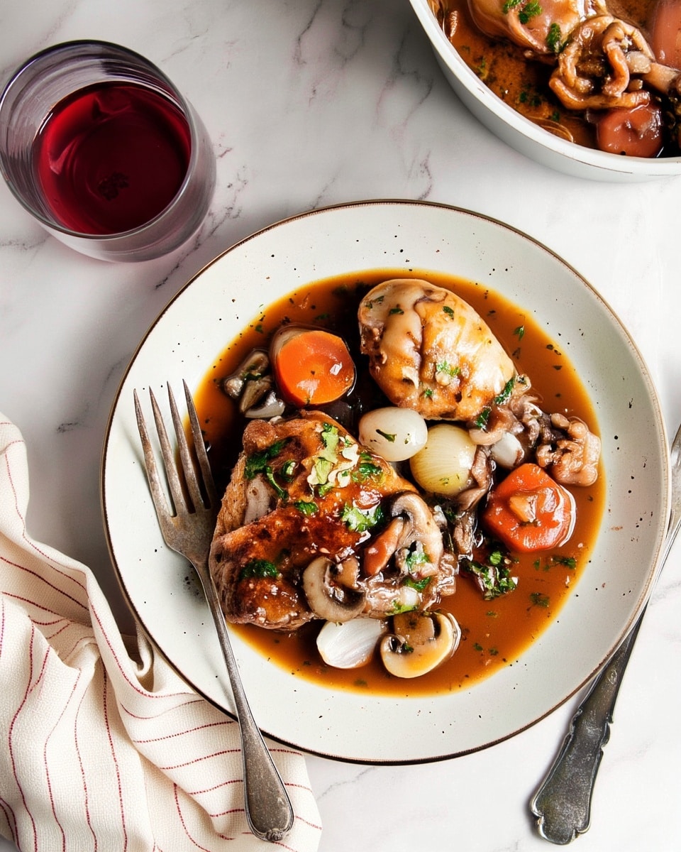 The image shows a white plate with a stew made of three main layers: two brown cooked chicken pieces on top with a slight shine and sprinkled green herbs, beneath the chicken are smooth white pearl onions and thick round orange carrot slices, and the base layer is a rich brown broth with visible pieces of sliced mushrooms and herbs spread throughout. Next to the plate is an old-style silver fork on a white marbled surface, with a white cloth featuring thin red stripes partially tucked underneath the plate. In the background, there is a white bowl filled with more stew and a clear glass of dark red wine nearby. Photo taken with an iphone --ar 4:5 --v 7