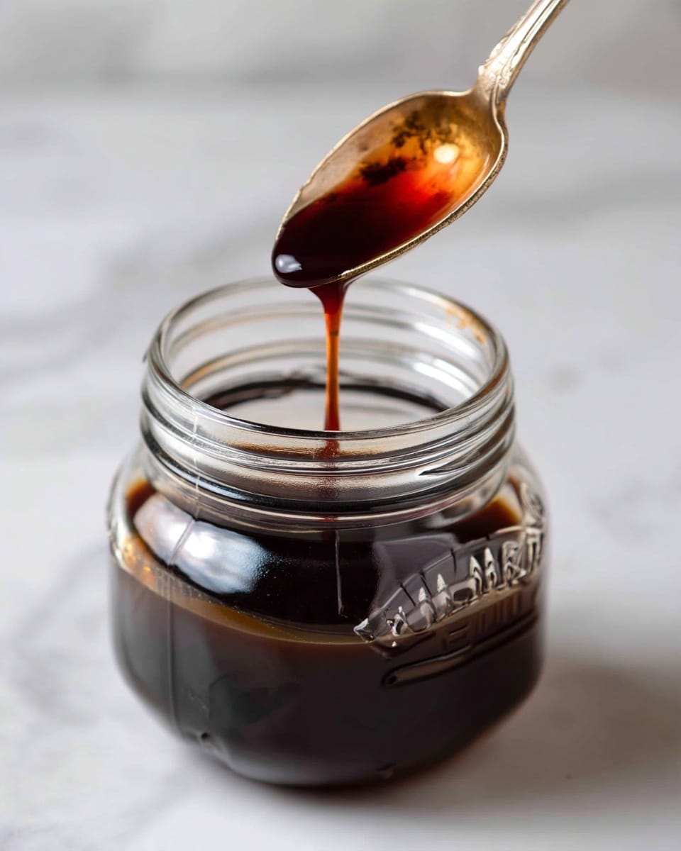The image shows a close-up of a clear glass jar filled almost to the top with a dark brown thick liquid. A vintage silver spoon above the jar drips the same dark brown liquid back into the jar, with one drop about to fall. The jar and spoon sit on a white marbled surface that is softly blurred in the background. The texture of the liquid looks smooth and shiny, showing some light reflection. Photo taken with an iphone --ar 4:5 --v 7