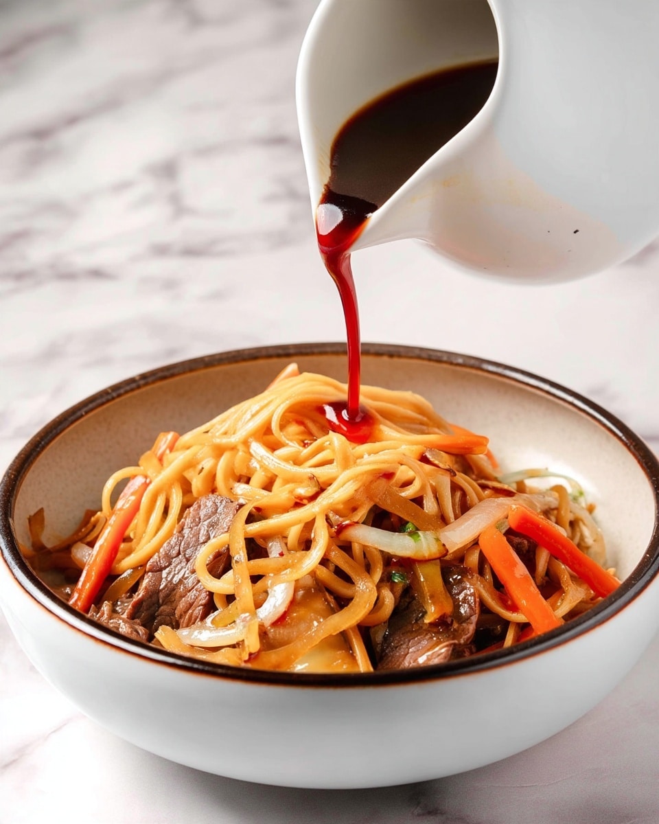 A close-up view of a bowl of stir-fried noodles with thin strands of light golden-yellow noodles piled on top, mixed with layers of dark brown cooked beef slices, bright orange thin carrot strips, and pale translucent cooked onion pieces, all glistening with a light oily sheen. A deep reddish-brown sauce is being poured over the noodles from a white jug above, creating an elegant stream flowing into the bowl. The bowl is white with a dark brown rim and sits on a white marbled surface, enhancing the colors of the food. photo taken with an iphone --ar 4:5 --v 7
