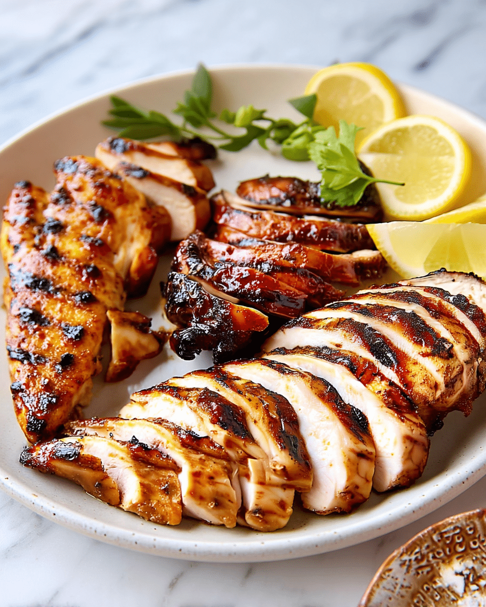 A white plate holds two main parts of grilled chicken breast, each sliced into about eight pieces. The front portion has a golden-brown grilled surface with visible char marks and a juicy white inside. Behind it, another set of slices shows a darker, more glazed and heavily charred texture, with a shiny dark brown surface. On the upper right side of the plate, there are three thin lemon slices and some small green leaves for garnish. The plate is on a white marbled surface, and a small part of a patterned bowl is visible at the bottom right corner. photo taken with an iphone --ar 4:5 --v 7