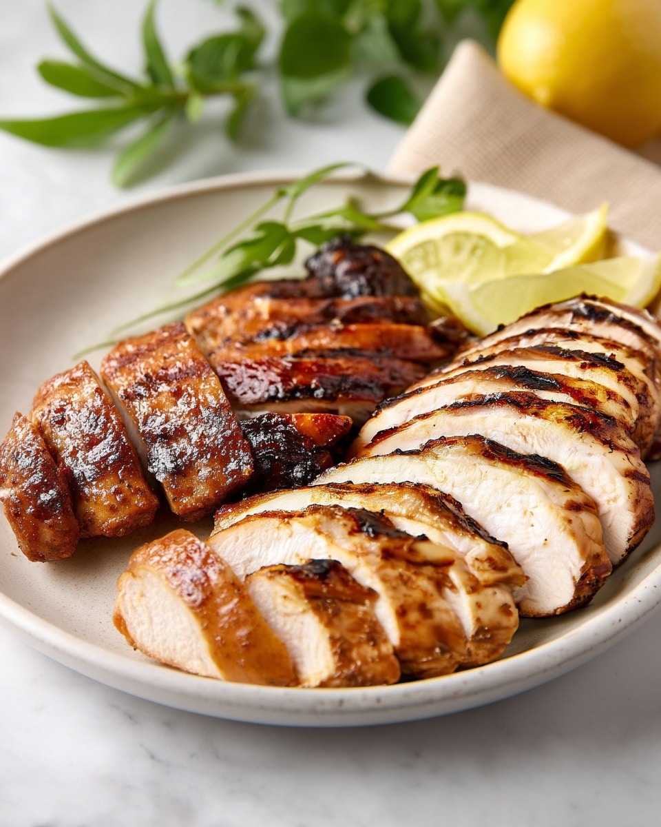 This image shows two types of grilled meat, neatly sliced and arranged side by side on a white plate. The layer in the front is light brown with a slightly glossy texture showing juicy, tender chicken breast with visible grill marks on top. Behind it is a darker brown, almost charred-looking grilled meat with a sharper, more textured surface. At the back of the plate, there are three slices of fresh lemon, adding a bright yellow color and a fresh look. The whole plate rests on a white marbled surface with a slight beige cloth and some green leaves blurred in the background. Photo taken with an iphone --ar 4:5 --v 7