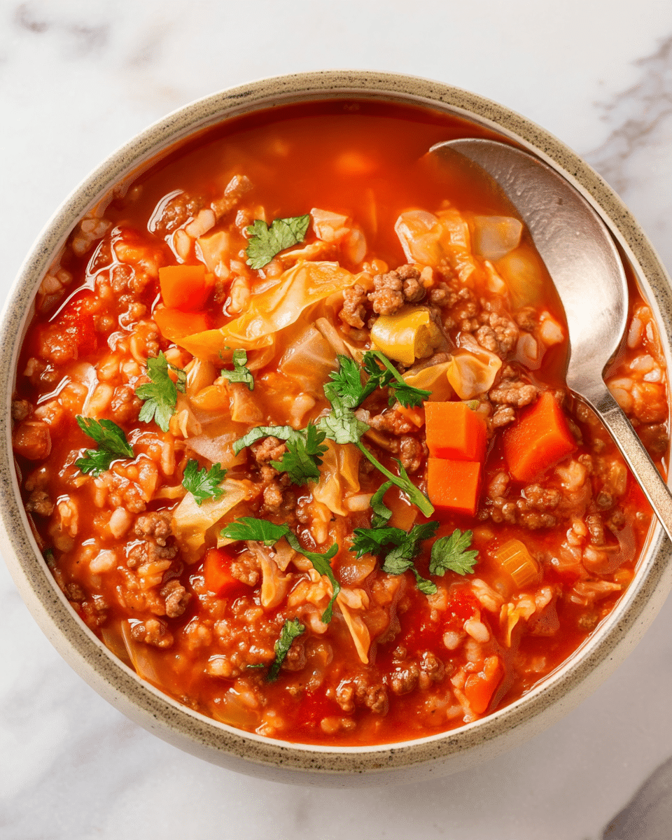 A beige bowl filled with a thick stew made of bright red tomato broth, light brown cooked ground meat, soft orange carrot cubes, pale yellow cabbage pieces, and white grains of rice. The stew is topped with small green cilantro leaves scattered across the surface. A silver spoon rests inside the bowl, partly submerged in the stew, with its handle leaning on the bowl's edge. The bowl is placed on a white marbled textured surface. photo taken with an iphone --ar 4:5 --v 7