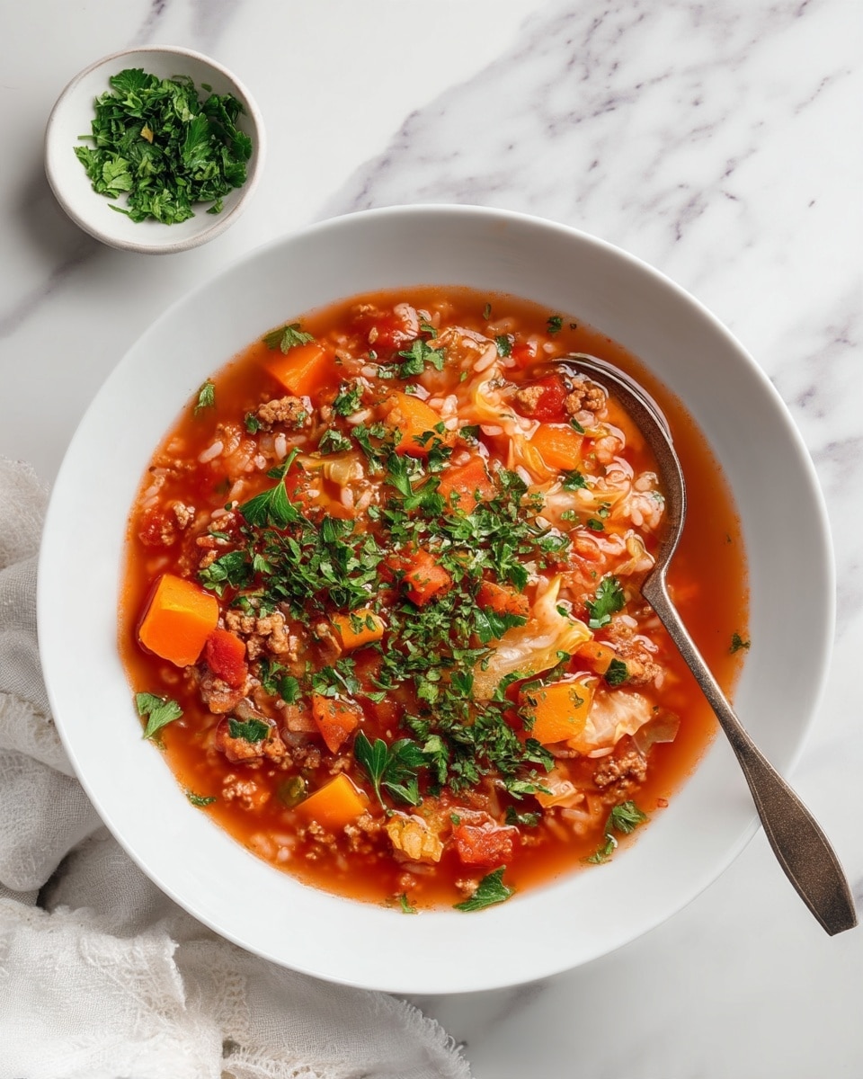 A white bowl filled with a thick stew that has three main layers: a base of red tomato broth, a middle layer of cooked rice mixed with minced meat, and large soft chunks of orange carrots and pale cabbage leaves spread throughout. Bright green chopped herbs are sprinkled on top, adding a fresh color contrast. A silver spoon is resting inside the bowl, partially scooping the stew. The bowl sits on a white marbled surface with a small white bowl containing more chopped herbs nearby, and a crumpled white cloth in the foreground. Photo taken with an iphone --ar 4:5 --v 7