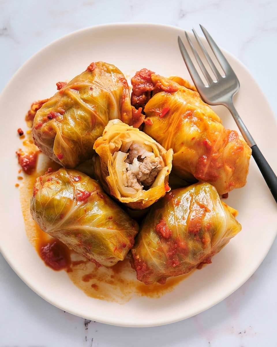 A white plate holds six cabbage rolls covered in a shiny, light brown cabbage leaf coating with spots of red tomato sauce. One roll is cut open, showing a filling made of a mixture of light beige rice and brownish ground meat, tightly wrapped with translucent cabbage layers. Around the rolls, a bit of red tomato sauce is spread on the plate. A fork with a silver head and black handle rests beside the rolls. The plate sits on a white marbled surface. photo taken with an iphone --ar 4:5 --v 7