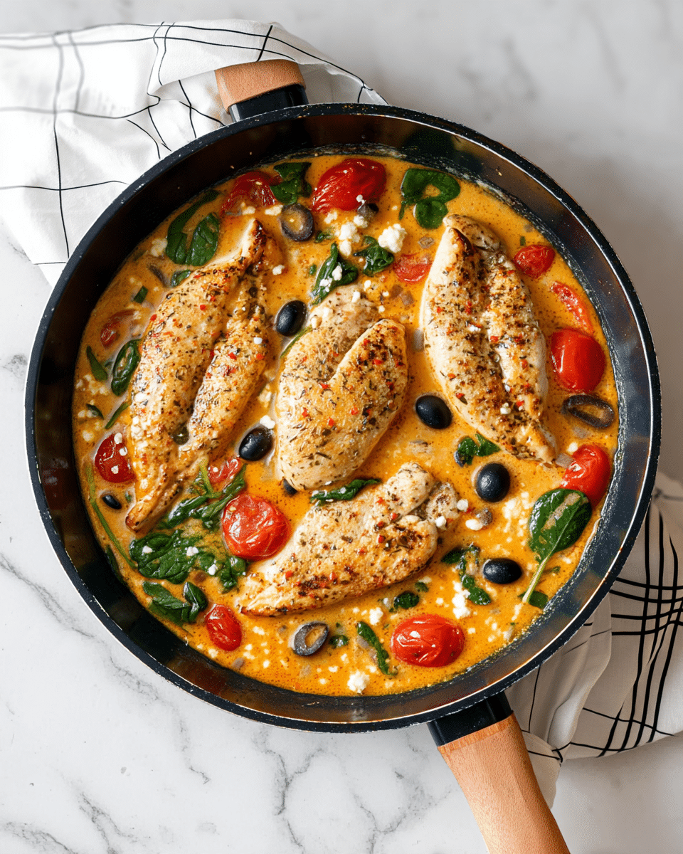 A black skillet holds four large, cooked chicken breasts seasoned with visible herbs and light browning on top. The chicken is partially submerged in a creamy, orange sauce with a smooth texture and small white cheese crumbles scattered throughout. Around and between the chicken pieces are several bright green spinach leaves, halves of red cherry tomatoes, and black olive slices, adding color contrast. The skillet's wooden handle is wrapped in a white cloth with a simple black grid pattern. The background features a white marbled texture. photo taken with an iphone --ar 4:5 --v 7