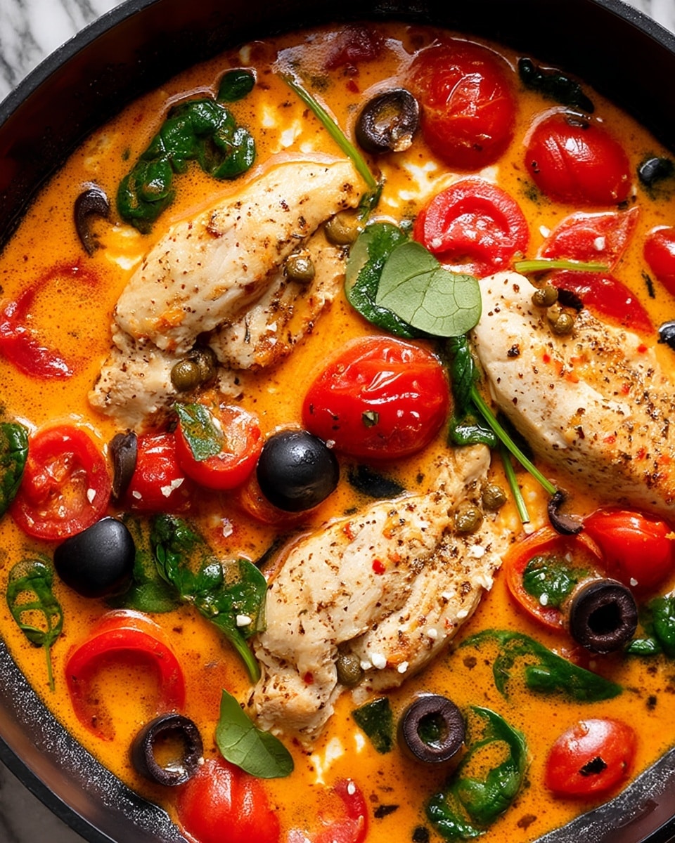 A close-up view of an orange creamy sauce with several cooked white chicken breast pieces, sprinkled with herbs and black pepper. There are bright red cherry tomato halves, dark black olive slices, and fresh green spinach leaves scattered on top and mixed into the sauce. The dish is served in a black pan, all placed on a white marbled surface. The sauce has a rich and slightly bubbly texture, giving a warm and hearty appearance. Photo taken with an iphone --ar 4:5 --v 7