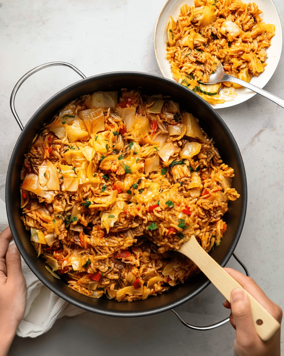 A large black pan filled with a colorful mix of cooked rice and chopped cabbage, showing layers of orange-brown rice with bits of red bell pepper and green herbs mixed evenly throughout; the cabbage pieces are light yellow and translucent, scattered on top and inside the rice mixture; a wooden spoon is lifting some of the rice and cabbage from the pan, held by a woman's hand on the pan’s handle, while another woman's hand steadies the pan on the opposite side; in the background, a white plate on a white marbled surface holds a serving of the same dish with a silver spoon resting on it, showing the same mix of rice and cabbage. photo taken with an iphone --ar 4:5 --v 7