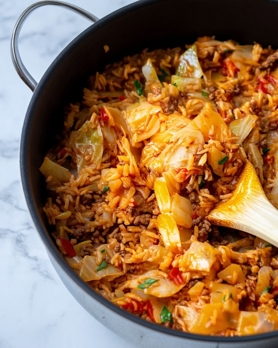 A close-up of a black pot filled with a mixture of cooked rice, browned ground meat, and large pieces of cooked cabbage. The rice is orange-tinted, likely from a tomato-based sauce, and mixed evenly with the meat and cabbage chunks, which are pale yellow with some translucent edges. Small bits of red and green vegetables are visible scattered throughout, adding color specks. A wooden spoon is resting inside the pot, partly buried in the food, with its handle extending out toward the bottom right corner. The pot sits on a white marbled surface. photo taken with an iphone --ar 4:5 --v 7
