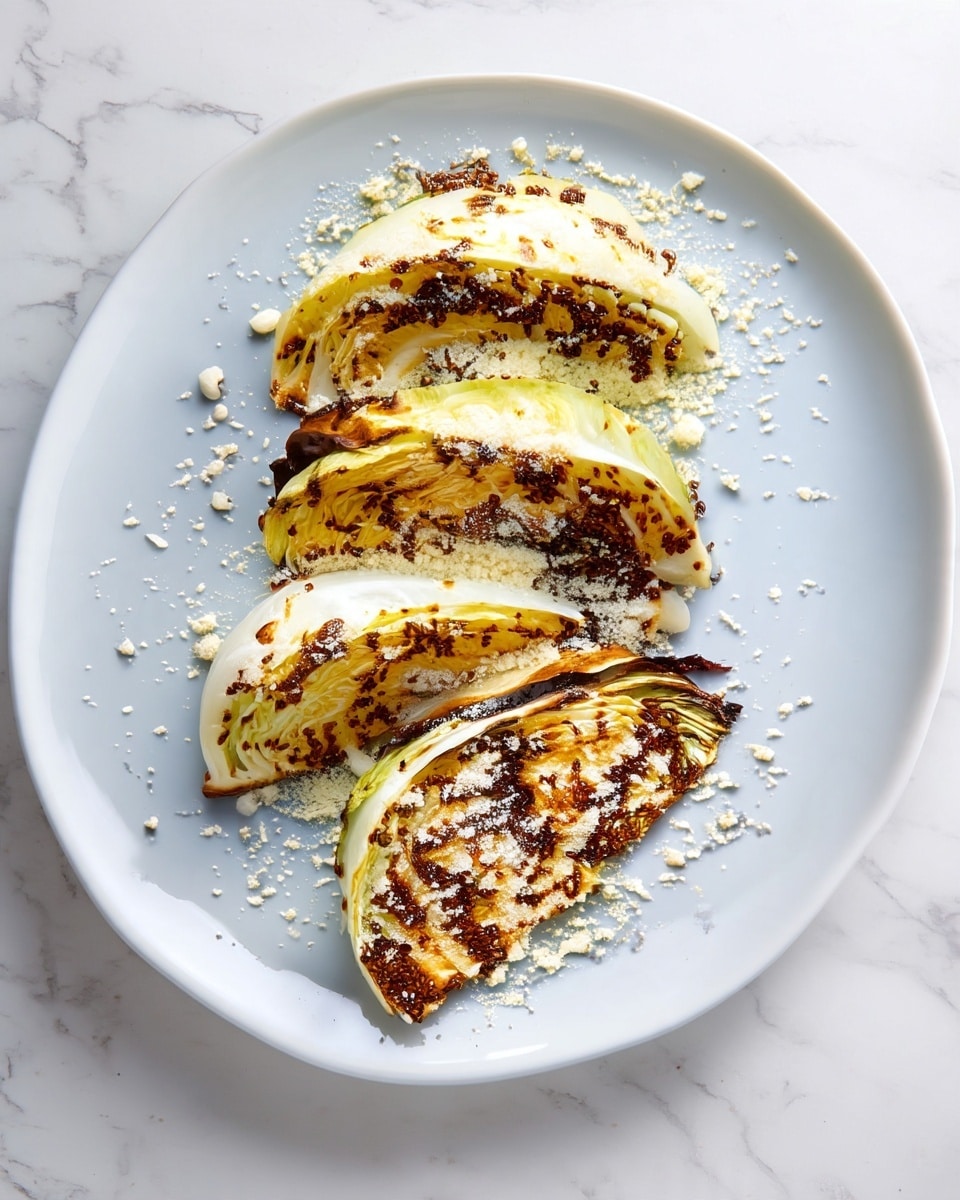 The image shows four wedges of grilled cabbage on a white plate, arranged in a vertical line from top to bottom. Each wedge has a golden-brown char on the surface, with a mix of creamy pale green and white layers inside. There are dark mustard seeds and a light dusting of crumbly white powder sprinkled over the cabbage wedges and scattered around the plate. The plate sits on a white marbled texture background. photo taken with an iphone --ar 4:5 --v 7