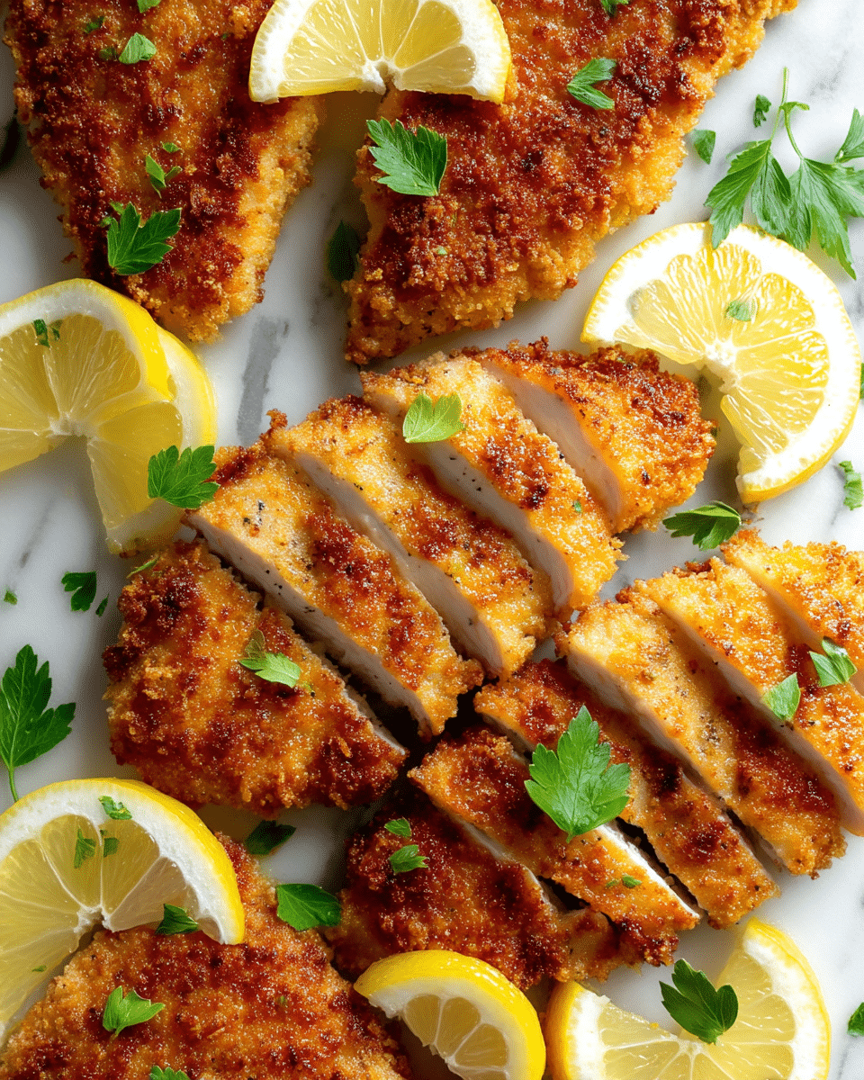 The image shows several pieces of golden brown breaded chicken arranged closely together on a white marbled surface. The chicken pieces have a crunchy texture and are sliced to reveal white, juicy meat inside. Bright yellow lemon wedges are placed evenly on top and between the chicken pieces, adding a fresh look. Small green parsley leaves are scattered on the chicken, giving a touch of color contrast. The overall presentation is warm and inviting, with a crispy, textured coating on the chicken and vibrant lemon and parsley accents. photo taken with an iphone --ar 4:5 --v 7