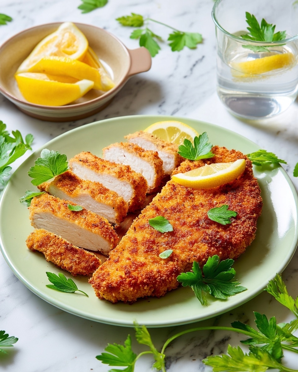 A light green plate holds crispy breaded chicken cut into several slices showing its white interior with a golden-brown crust. The chicken is garnished with small fresh green parsley leaves and several lemon wedges placed on top and around the chicken. Behind the plate, a small beige dish contains lemon wedges, and a clear glass with water and lemon slices sits nearby. The setting rests on a white marbled surface with green parsley leaves scattered around. Photo taken with an iphone --ar 4:5 --v 7