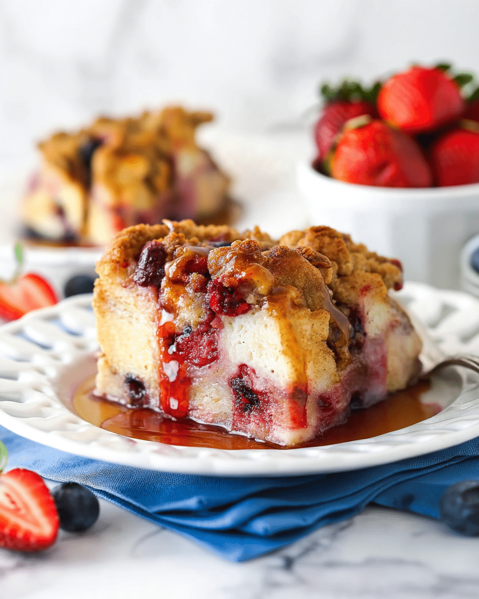 A thick slice of crumb-topped berry bread pudding sits on a white plate with a delicate raised edge pattern, resting on a blue cloth on a white marbled surface. The bread pudding has three visible layers: a soft, light golden bread base with visible pieces of red and dark purple berries, a juicy middle layer with mixed berries and syrup seepage, and a golden-brown crumbly topping with a slightly crunchy texture and drizzled syrup pooling at the bottom. In the background, a white bowl filled with bright red strawberries and an out-of-focus slice of the same bread pudding are visible, adding a fresh and colorful touch. Photo taken with an iphone --ar 4:5 --v 7