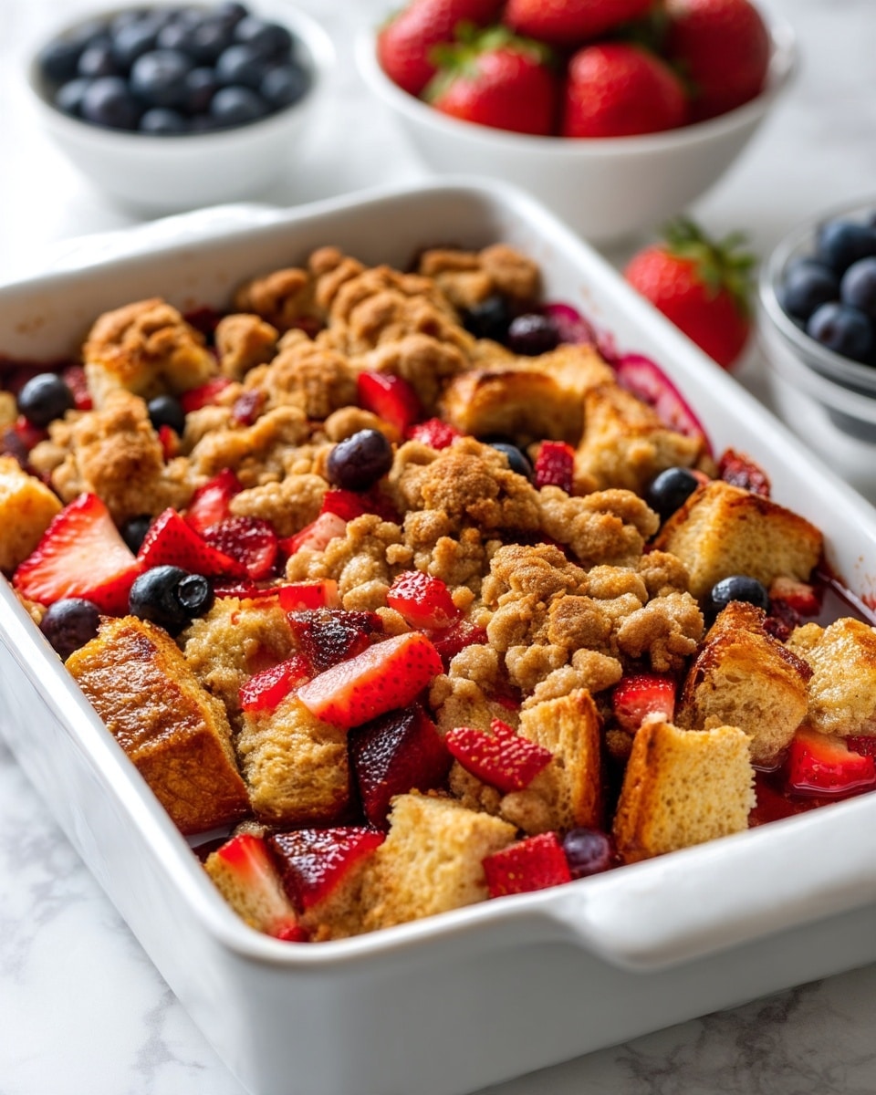 A close-up of a baked dish in a white rectangular baking dish showing three layers: the bottom layer has light golden-brown pieces of bread cubes, the middle layer is made of small chunks of red strawberries and dark blue blueberries scattered evenly, and the top layer is a roughly textured, crumbly brown streusel that covers the entire surface with uneven clumps. The dish is placed on a white marbled surface with a white bowl of red strawberries and another white bowl of blueberries blurred in the background. photo taken with an iphone --ar 4:5 --v 7