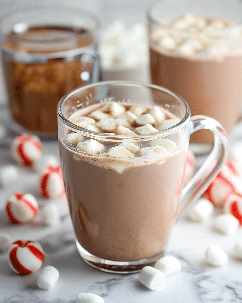 A clear glass mug filled with creamy light brown hot chocolate topped with a layer of small white marshmallows, sitting on a white marbled surface. Surrounding the mug are scattered small white marshmallows and red-and-white striped peppermint candies. In the soft-focused background, two more clear glass mugs also filled with hot chocolate topped with marshmallows are visible, along with a clear container holding more light brown hot chocolate. photo taken with an iphone --ar 4:5 --v 7