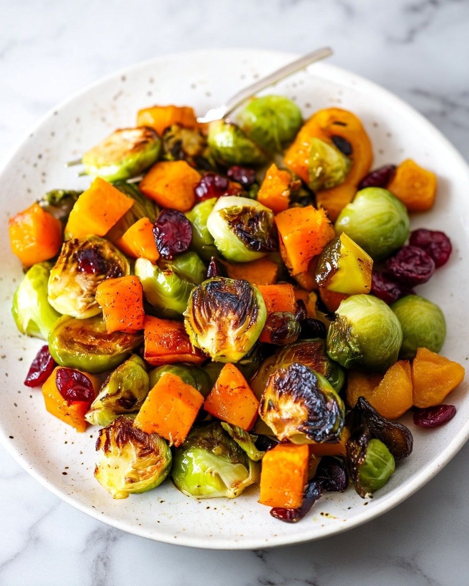 The dish shows a close-up of roasted vegetables on a white plate with tiny brown speckles, sitting on a white marbled surface. The first layer is bright orange cubed butternut squash with a soft, slightly rough texture. Mixed in are halved Brussels sprouts, shiny light green at the bottom with charred, dark brown, crispy edges on top. Scattered around are small, wrinkled pieces of dark red dried cranberries adding contrast. The colors and textures mix to give a warm, roasted, and inviting look. photo taken with an iphone --ar 4:5 --v 7