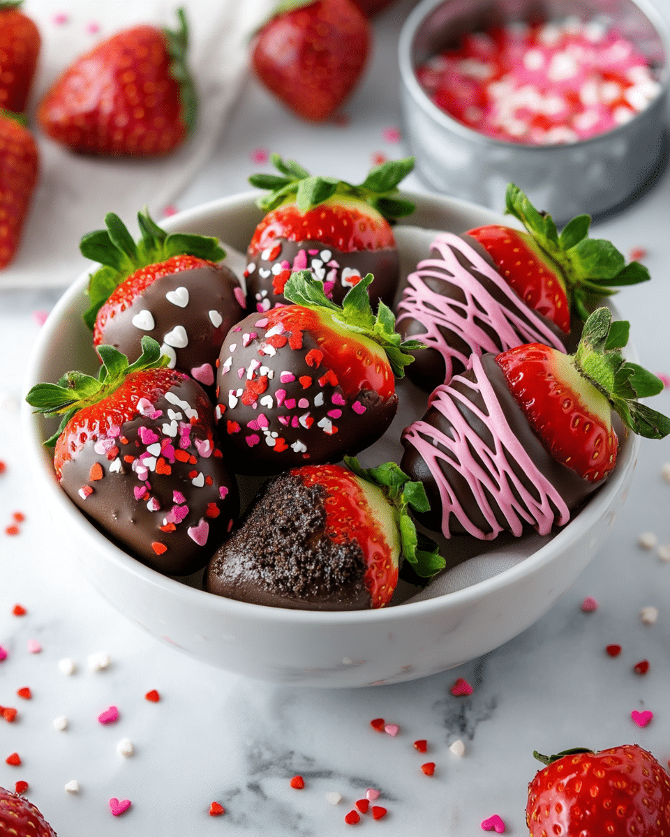 A round white dish filled with bright red strawberries, each dipped in dark chocolate covering the lower half. Some strawberries have a smooth chocolate layer topped with small red, white, and pink heart-shaped sprinkles, while others are decorated with pink chocolate drizzle lines. A few strawberries have a dark crumbly topping on the chocolate part. The strawberries have fresh green leaves at the top. The dish is set on a white marbled textured surface with scattered heart-shaped sprinkles and whole strawberries around it, and a small gray round container filled with pink and white sprinkles is visible in the background. Photo taken with an iphone --ar 4:5 --v 7