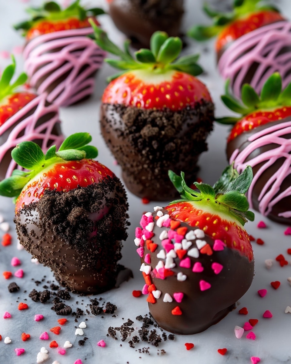 A close-up view of several strawberries dipped in smooth dark chocolate with green leafy tops. Each strawberry is decorated differently; some have pink chocolate drizzles forming thin lines across the bottom half, others are covered with small red, pink, and white heart-shaped sprinkles, and a few are dipped in chocolate and coated at the bottom with crushed dark cookie crumbs. The strawberries are placed on a white marbled surface, scattered with some sprinkles and cookie crumbs around them. The image shows bright red and green colors of the strawberries and a variety of textures from smooth chocolate, crunchy sprinkles, and crumbled cookie bits. photo taken with an iphone --ar 4:5 --v 7