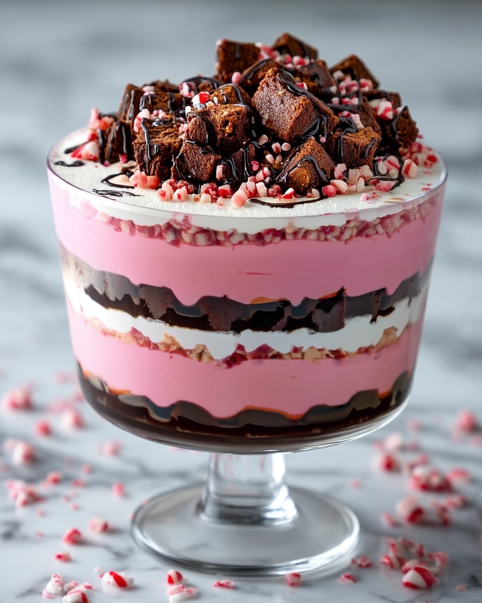 The dessert is a layered trifle served in a clear glass bowl. The bottom layer is thick and dark chocolate sauce. Above that is a smooth, light pink layer, likely a mousse or cream. On top of this is a thick, white creamy layer that looks soft and fluffy. The top has a pile of dark brown brownie pieces, roughly cut, covering the center. Scattered among the brownies and around the edges are small, red and white peppermint candy pieces. Light drizzles of dark chocolate syrup flow over the brownies and candies. The trifle is placed on a white marbled texture surface. photo taken with an iphone --ar 4:5 --v 7