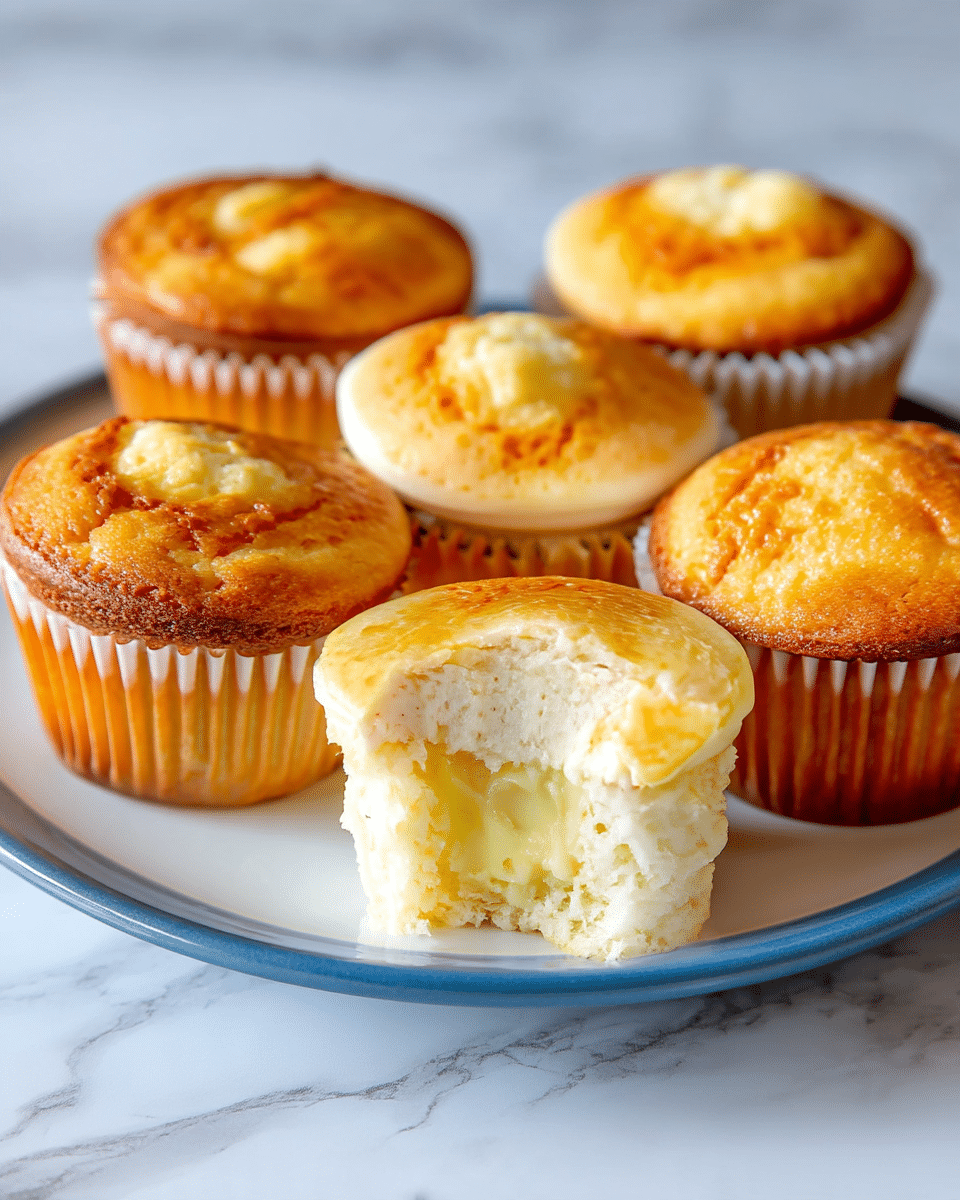 The image shows five cupcakes, each with two visible layers. The bottom layer is a light golden cake with a soft, smooth texture and is held by a white paper cupcake liner with delicate ridges. The top layer is a creamy, pale yellow frosting that has been slightly browned on the surface, giving it a caramelized look with an even, toasted pattern. The cupcakes are arranged closely together on a white plate, which sits on a white marbled texture surface. The focus is sharp on the nearest cupcake, with the others softly blurred in the background. photo taken with an iphone --ar 4:5 --v 7