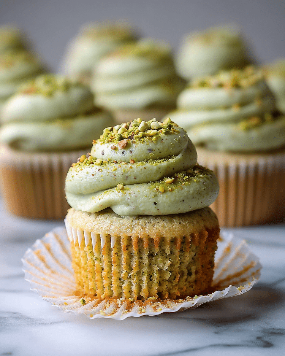 A close-up view of a cupcake with three layers: the base layer is a light brown-green speckled cupcake with a moist, crumbly texture; the middle layer is a swirl of pale green frosting with a smooth, creamy texture mixed with small nut bits, covering the cupcake thickly; the top layer is a sprinkle of finely chopped green pistachio nuts. The cupcake liner is white and peeled down, exposing the crumb texture, set on a white marbled surface. The background shows multiple blurred similar cupcakes with green frosting swirls. Photo taken with an iphone --ar 4:5 --v 7