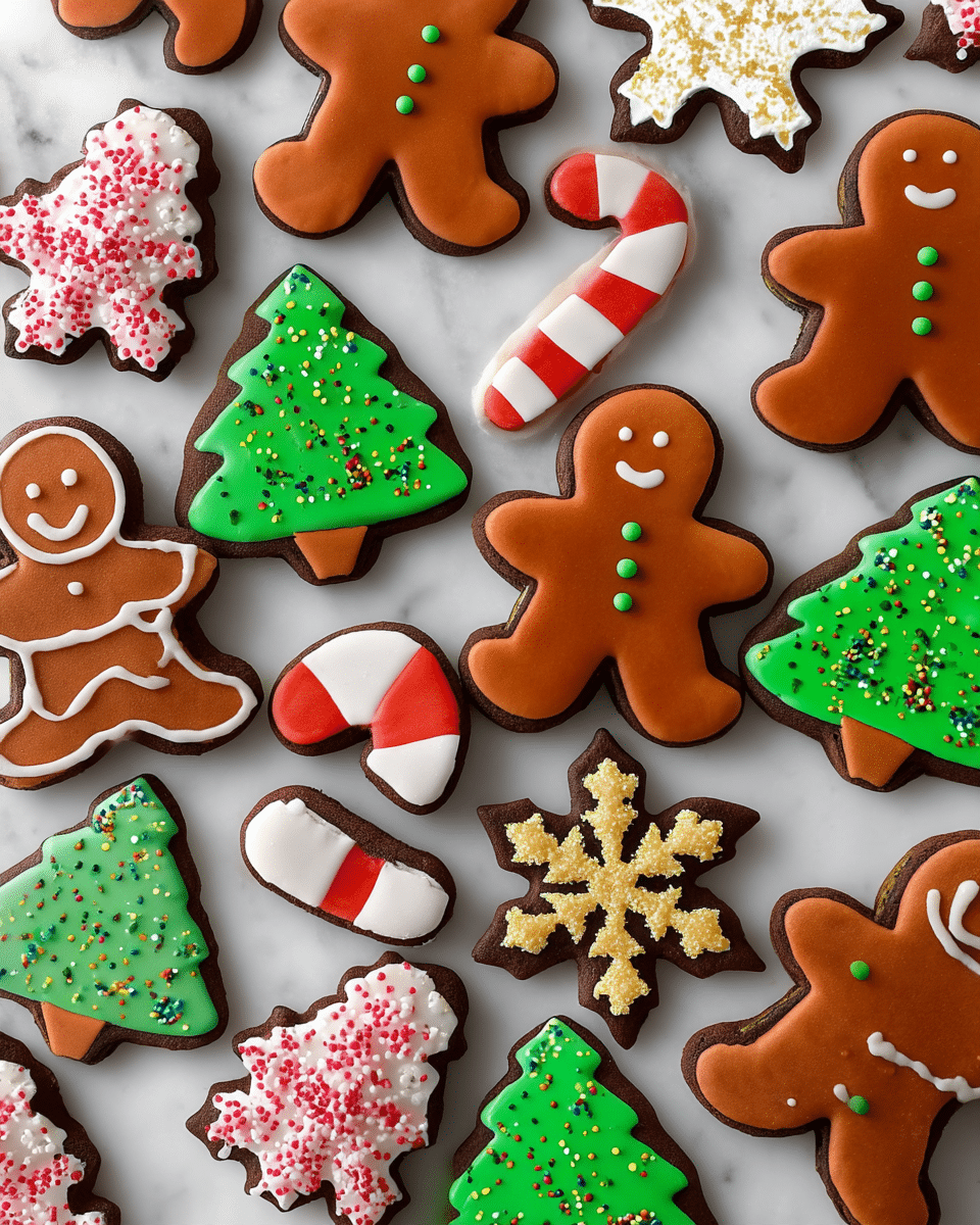 The image shows a variety of Christmas-themed cookies laid out on a white marbled surface. There are five shaped cookies: gingerbread men with smooth brown icing, green buttons, and white smiling faces; candy canes decorated with alternating red and white icing stripes; Christmas trees covered with bright green icing and topped with colorful small round sprinkles, with brown trunks; and snowflakes with white icing topped with golden sugar crystals. Each cookie has a dark brown base visible around the icing edges. The arrangement is close and evenly spaced, creating a festive and colorful display. Photo taken with an iphone --ar 4:5 --v 7