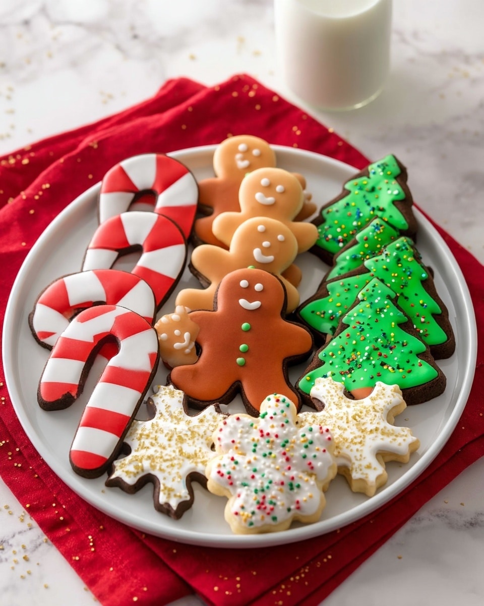 A round white plate holds a variety of Christmas-themed cookies arranged neatly; on the left are six candy cane shaped cookies with red and white sections, in the center are five gingerbread men cookies with orange-brown icing, white eyes and smiles, and three green buttons on each; on the right side, five Christmas tree cookies have bright green icing decorated with small colorful round sprinkles, and next to them are white snowflake-shaped cookies covered in white icing and golden sprinkles. The plate is set on a red cloth on a white marbled surface, with a bottle of milk partially visible behind the plate. photo taken with an iphone --ar 4:5 --v 7