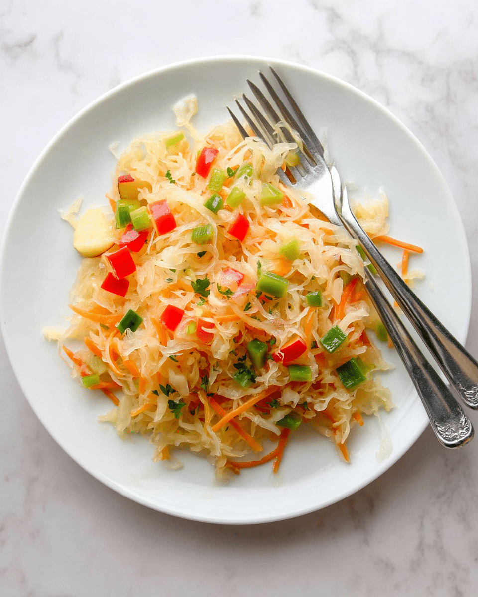 A white round plate holds a mix of finely shredded pale yellow sauerkraut as the main layer, mixed with small bright orange carrot strips, diced red-skinned apple chunks, and scattered bright green celery pieces. Two silver forks rest on the top right side of the dish, one slightly over the other, touching the sauerkraut mix. The plate is set on a white marbled surface. The textures show a combination of soft and crunchy ingredients with a fresh look. photo taken with an iphone --ar 4:5 --v 7