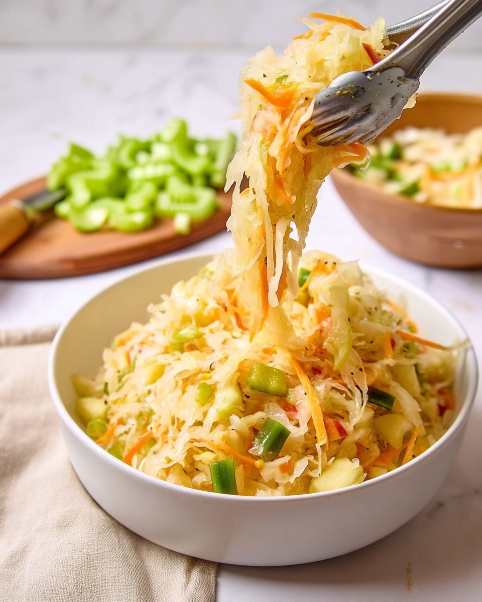 A close-up view of a white bowl filled with sauerkraut mixed with small pieces of green bell pepper, thin orange carrot strips, and small apple chunks, showing a mix of pale yellow, green, orange, and red colors. A pair of metal tongs lifts a portion of the sauerkraut mixture, creating a vertical stretch of the shredded cabbage and vegetables with visible textures of soft and moist strands on top of the main pile in the bowl. In the background, there is a wooden cutting board with bright green celery slices and another bowl of the same sauerkraut mix, all placed on a white marbled surface with a beige cloth nearby. Photo taken with an iphone --ar 4:5 --v 7