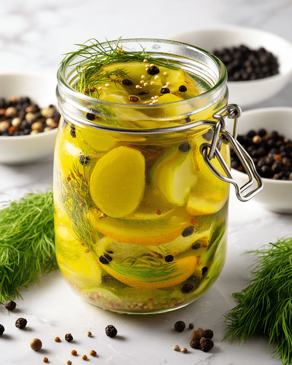 A clear glass jar filled with several layers of yellow-green lemon slices submerged in a light yellow liquid, with small black peppercorns, white mustard seeds, and light brown coriander seeds floating throughout. Fresh green dill sprigs are visible in the jar, adding texture and color contrast. The jar's metal clasp and hinge are shown on the right side, and the jar sits on a white marbled texture with small white bowls containing black peppercorns and coriander seeds in the background. Some loose green dill sprigs are placed near the bottom right corner of the frame. Photo taken with an iphone --ar 4:5 --v 7