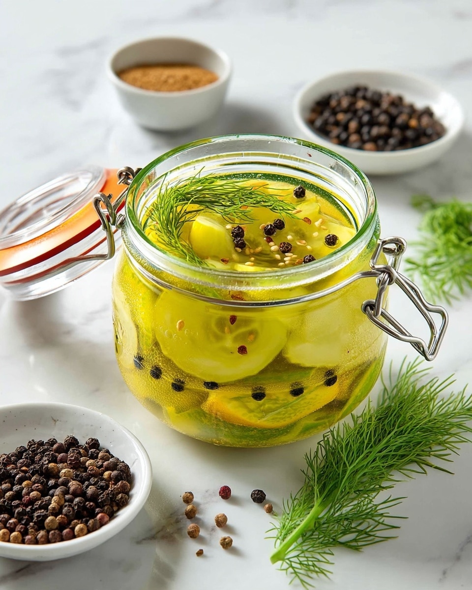 A clear glass jar with a silver clasp lid contains layers of pale yellow pickled cucumber slices, floating in a translucent yellow-green brine. Small black peppercorns and tiny mustard seeds are scattered throughout the liquid, while a bright green dill sprig rests inside on top. The jar sits on a white marbled surface surrounded by small white bowls holding crushed brown spices and whole black peppercorns and a few fresh green dill sprigs nearby. Photo taken with an iphone --ar 4:5 --v 7