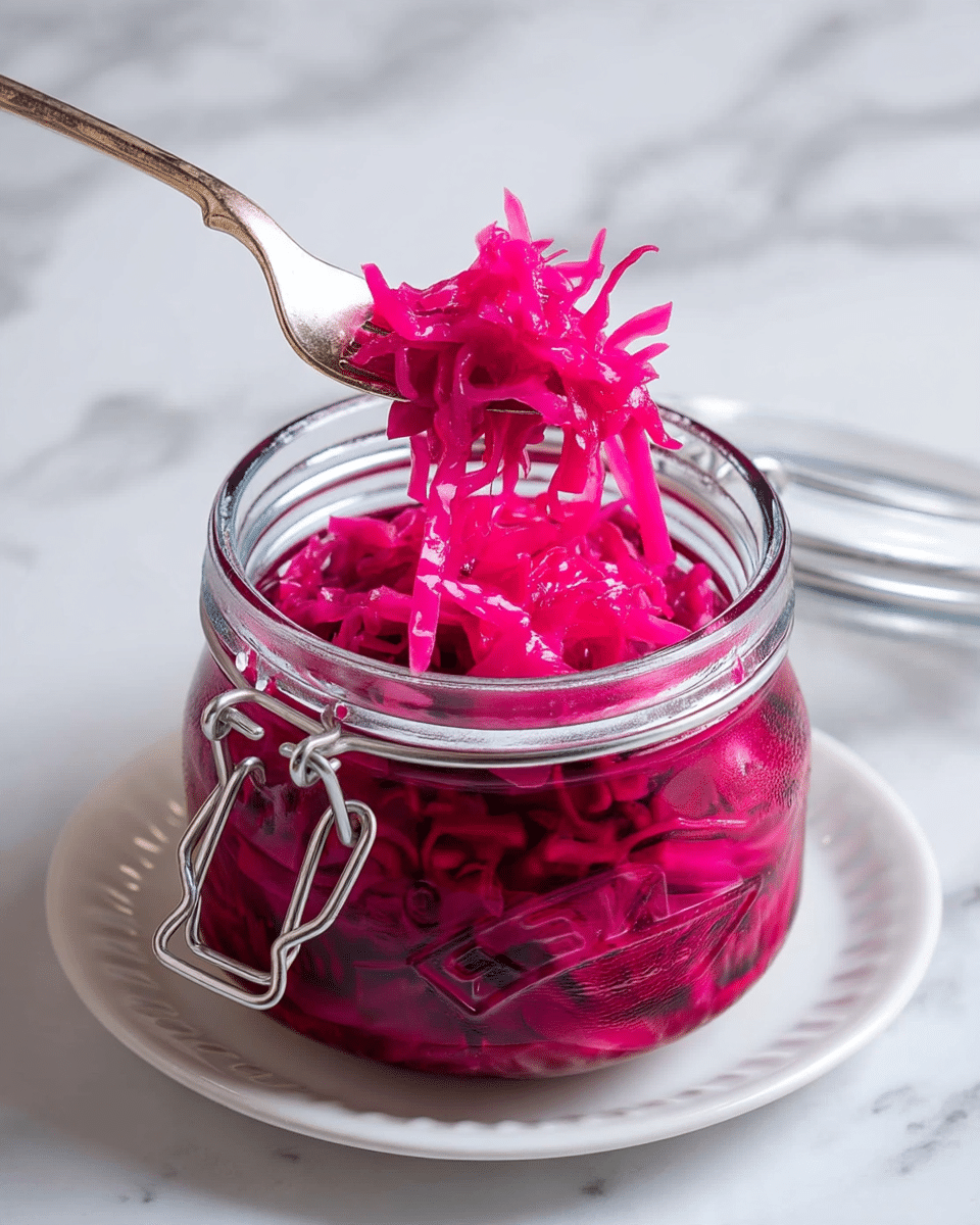 A clear glass jar with metal clasps is filled with bright pink shredded pickled cabbage, showing a wet and slightly shiny texture inside. A silver fork is scooping some cabbage from the top, with thin strands standing out. The jar sits on a white plate with a slightly ridged edge, all placed on a white marbled surface. photo taken with an iphone --ar 4:5 --v 7