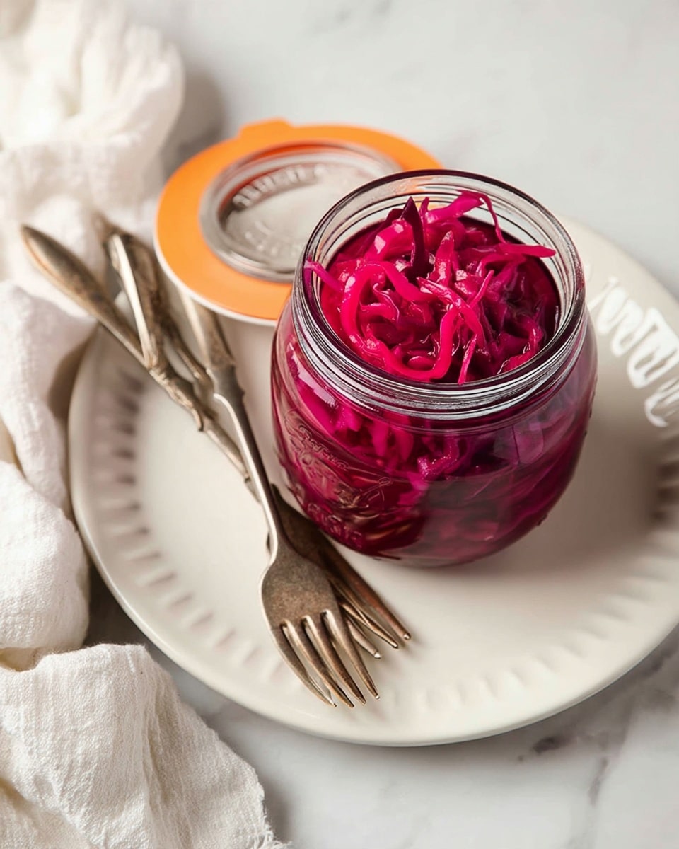 A glass jar filled with bright red-purple shredded cabbage soaked in liquid sits open on a white plate with a simple ridged edge. Two vintage silver forks rest together on the upper side of the plate beside the jar. The jar lid, with an orange rubber seal, is flipped back and attached to the jar. A soft, crumpled light beige cloth is placed nearby on a white marbled surface. photo taken with an iphone --ar 4:5 --v 7